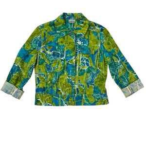 Chicos Jacket Abstract Floral Blue Green Cropped Artsy Roses Watercolor SZ Small